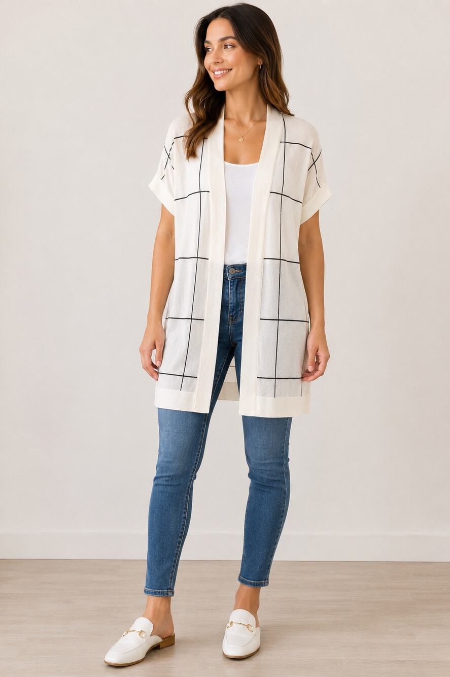 Anne Klein Windowpane Longline Duster Cardigan NWT XXS/XS
